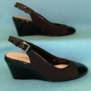 TARYN BY TARYN ROSE Karine black buckle sling back wedge NEW in box size 5 1/2 M
